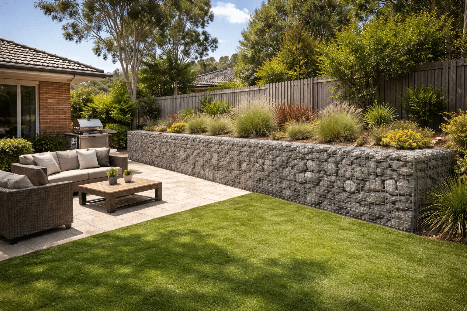 Gabion retaining wall using stone-filled wire baskets