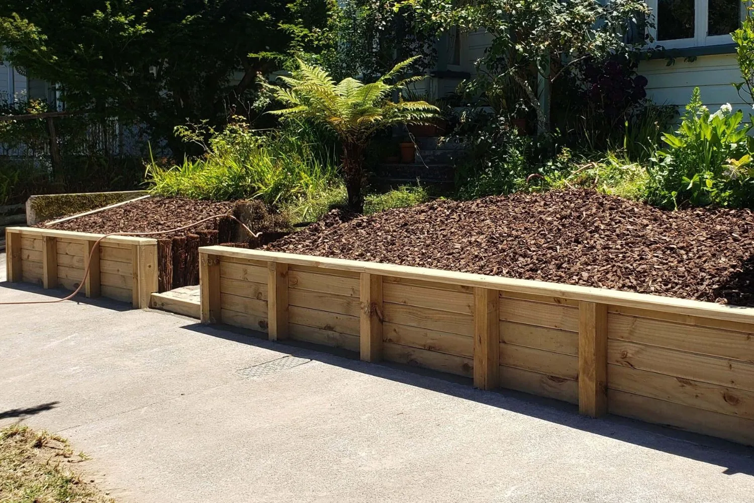 Timber retaining wall in a residential garden